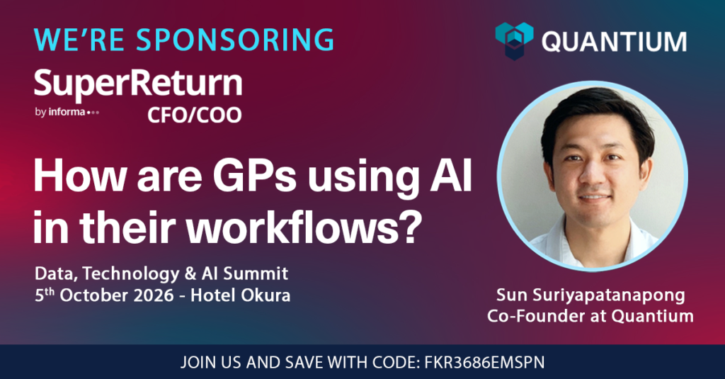 Sun Suriyapatanapong of Quantium moderating a SuperReturn CFO/COO 2026 panel on real AI use cases in GP workflows
